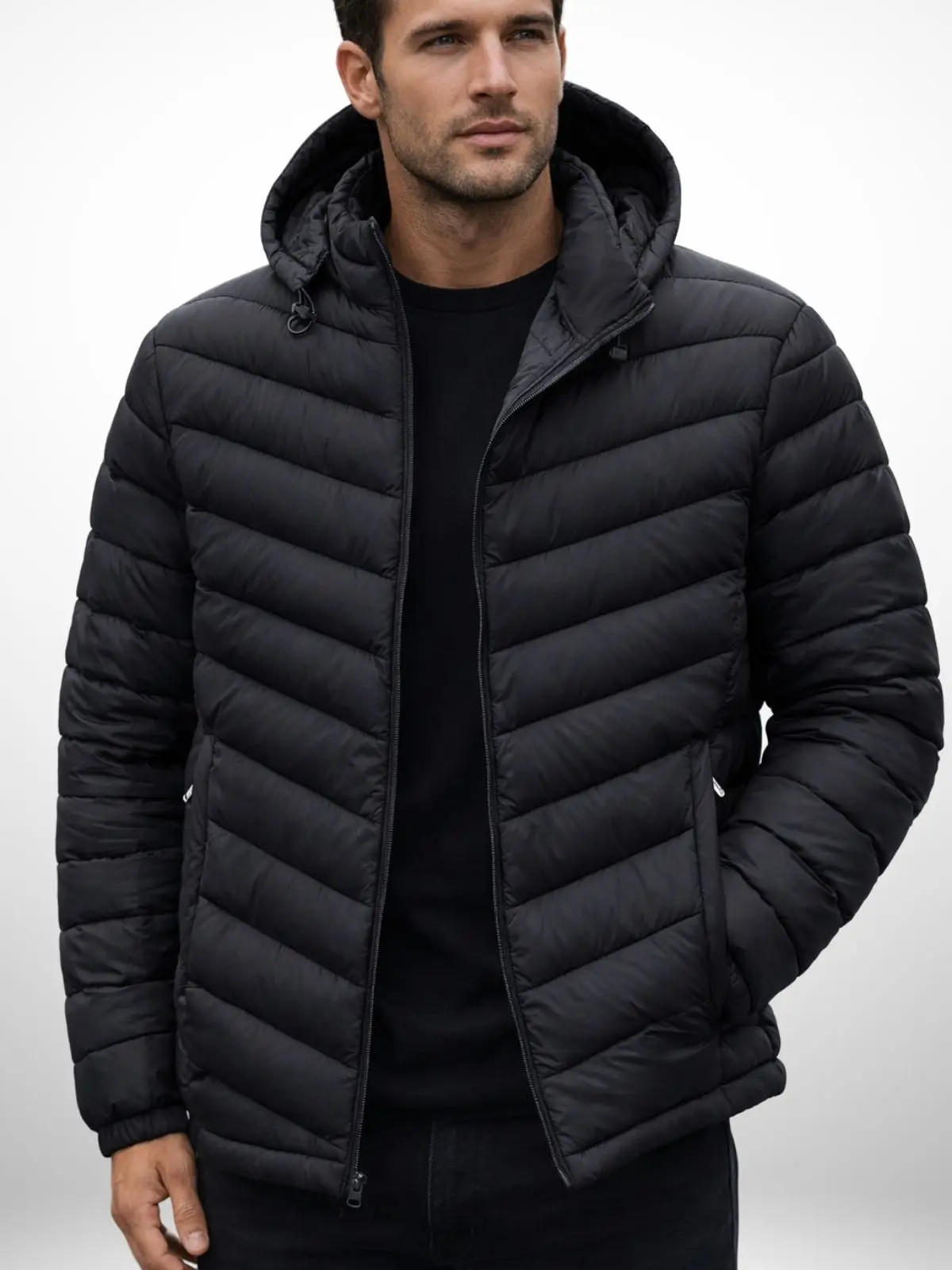 Men’s lightweight quilted jacket with detachable hood, diagonal wavy seam design, warm cotton coat for winter