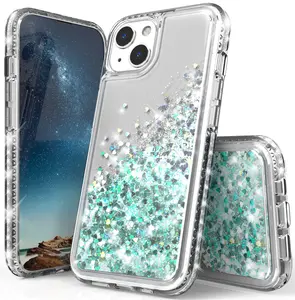 Nakedcellphone Liquid Waterfall Series for iPhone 13 Phone Case, Clear Flexible TPU Slim Cover [Anti-Shock, Glitter Bling] with Diamond Silver Rhinestone Trim