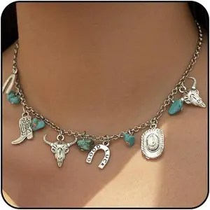Western Necklaces for Women Turquoise  Western Charm Necklace Boho Cowgirl Choker Necklace for Women Cowgirl