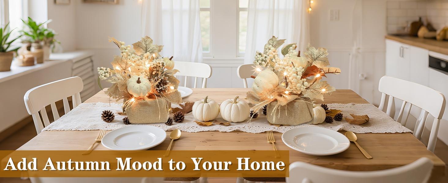 2-Pack 11in Silk Fall Decor Tabletop Trees Centerpieces - Battery-Operated Lights with Timer, Dry Battery Power, Neutral White Maple Leaves, Pumpkins, Pinecones, Berries for Dining Table, Mantel, Decorations Set, Fall Decor For Home
