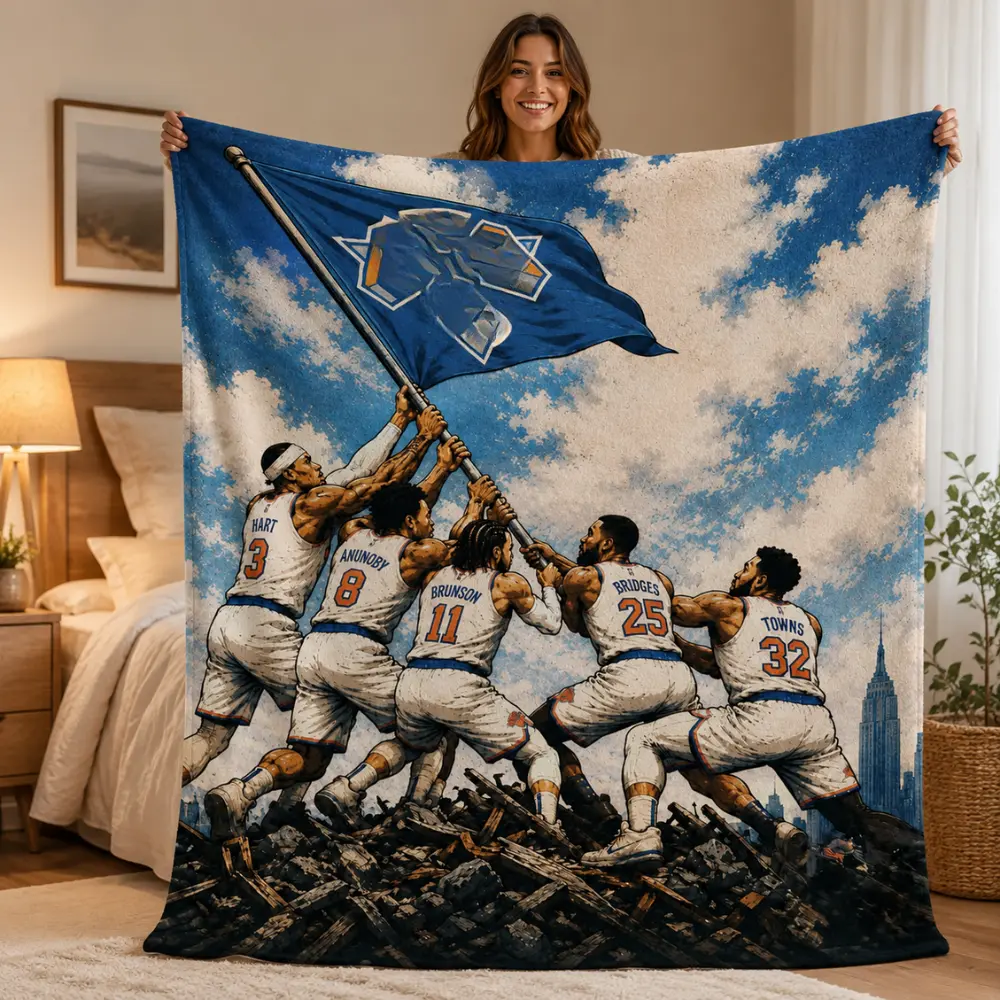 N Y Basketball Throw Blanket, Blue Orange Sports Fan Fleece Blanket, Cozy Gift for fans