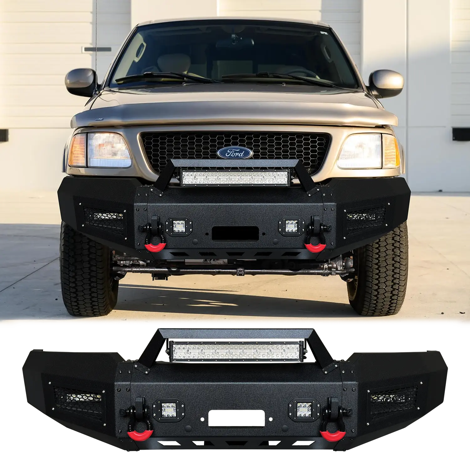 Vijay Durable Metal Front Bumper for 1997-2003 Ford F150 - Automotive Off-Roader Accessory, Black Texture, Winch Plate, LED Lights, 2 D-Rings, Off-Road Support, Visibility Boost, Simple Screw Installation
