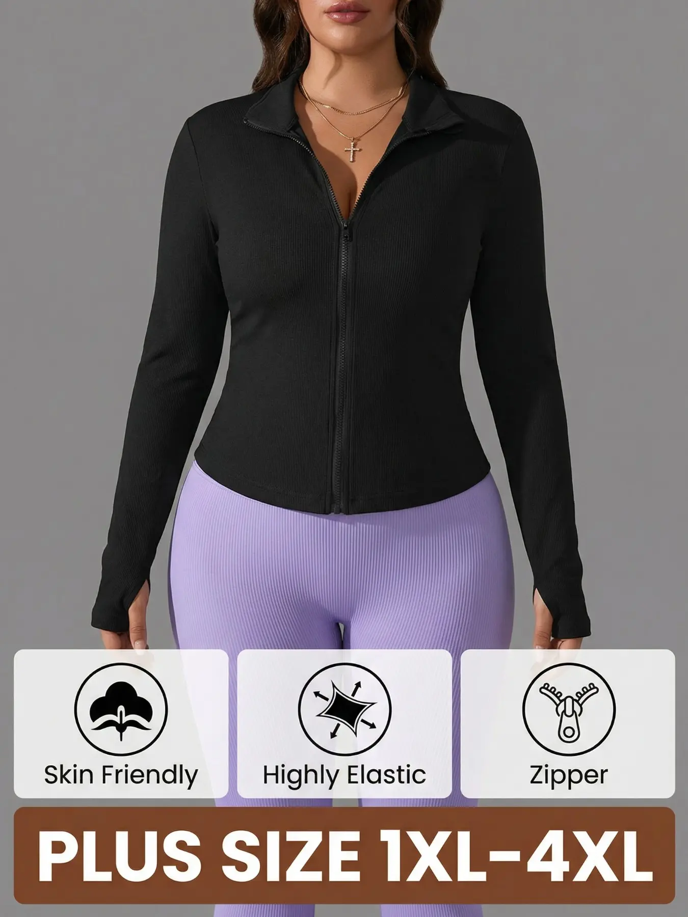 Plus Size Women's Seamless Sports Jacket for Fall and Winter, Thumb Hole Design Full Zip Sports Coat, Sporty Jacket, Comfort&Stretch, Thumbhole Jacket, Ideal for Running and Leisure Activities