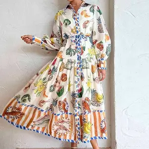 2026 European and American Women's Spring New Lantern Sleeve Printed Collar Waist-Cinching Flared Dress