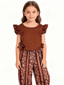 Girls' Summer Solid Color Sleeveless T-Shirt and Printed Pants Loose Fit Set, Round Neck Tie Design, Casual Print Cargo Pants, Sweet and Versatile, Ages 1-6