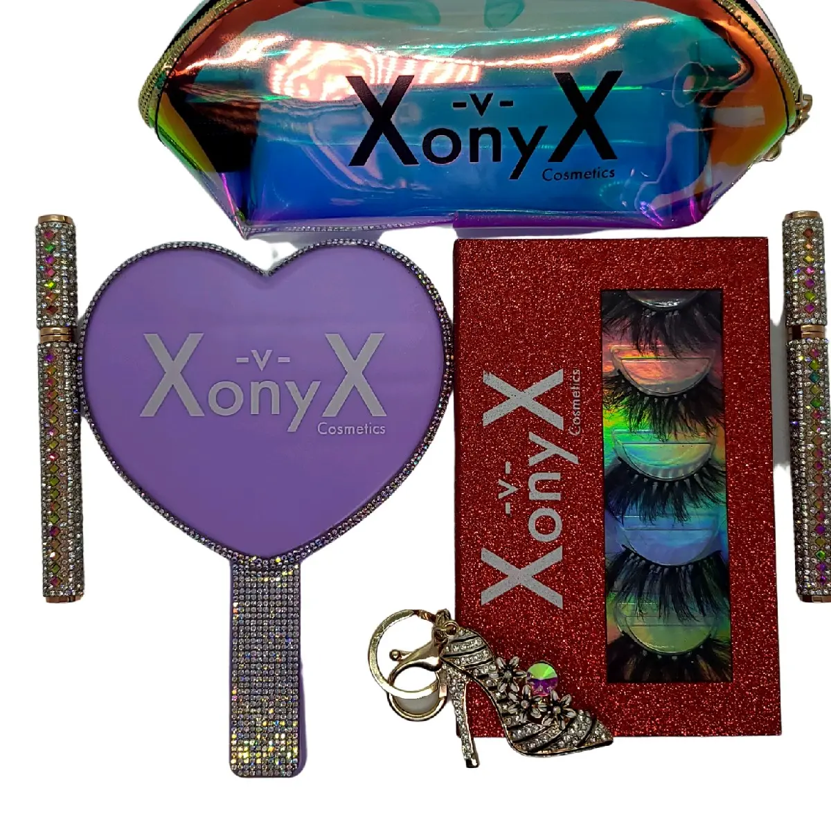 Complete Nikx Kolor Koded Love Bundle - 3D Fluffy Eyelashes, Cosmetic Bag, Heart Rhinestone Mirror, Eyeliner Glue Pen and High Heeled Shoe Keychain