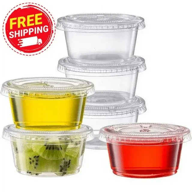 2 Oz Sauce Cup With Lids | Clear Plastic Disposable Shot Cups with Lids| Food Storage Containers | Stackable Storage Boxes for Restaurants, Households and Kitchen