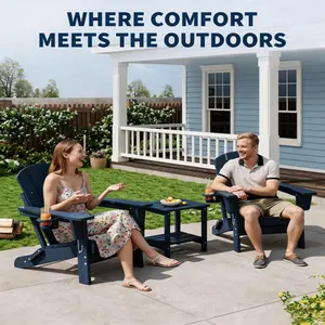 Garvee Folding Adirondack Chair in Navy Blue - Durable HDPE Outdoor Patio Chair with Cup Holder, All-Weather Resistant Wooden Texture, Perfect for Backyard, Lawn, Garden, and Fire Pit Areas, Easy Assembly