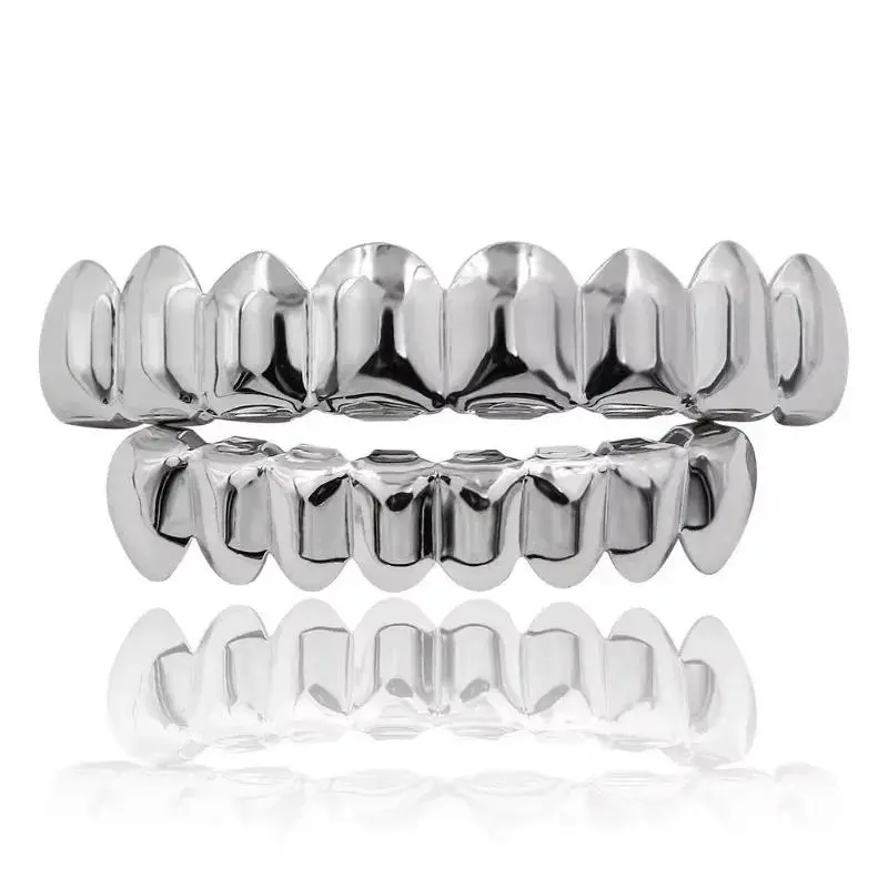 Gold & Silver Plated Hiphop Vampire Tooth Grillz Set, Top & Bottom Shiny Dental Accessory for Party & Streetwear