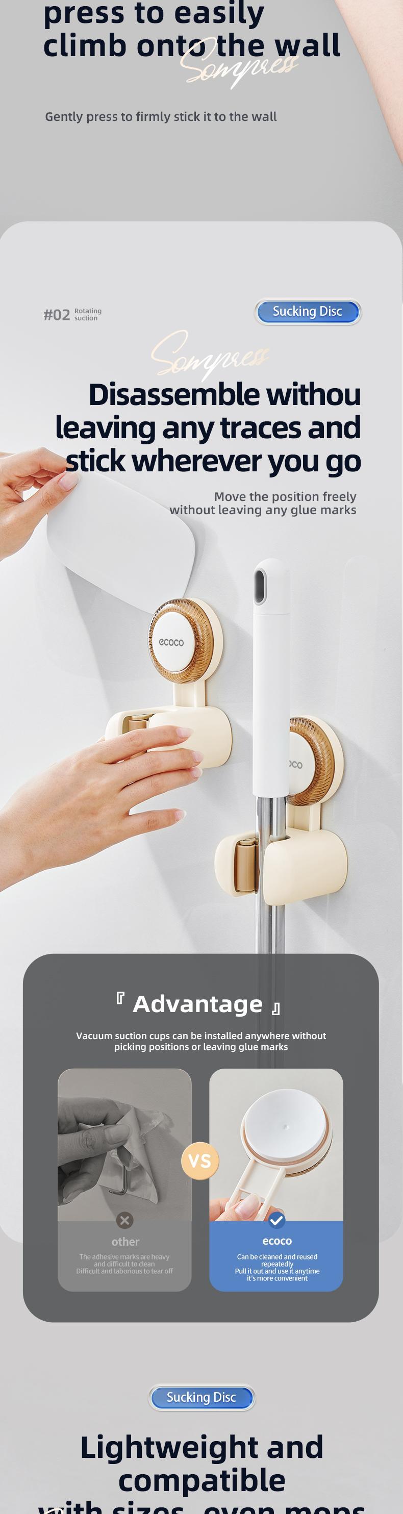 RENEMOS Suction Cup Mop Rack - Versatile Cleaning Tool Organizer for Utility Room & Shower - Non-Slip Grip - Waterproof & Reusable Wall Hanger - Secure Storage for Mop, Broom & Swiffer