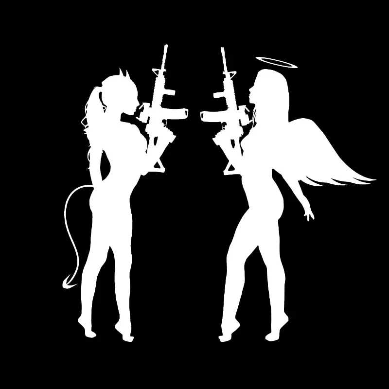 2PCS/SET English: Unique Angel and Devil Holding Gun Silhouette Car Sticker, Trendy Art Style Body Sticker, Suitable for Car Personalized Decoration to Enhance Vehicle Recognition Sticker, Decorative Decal, Car Decals