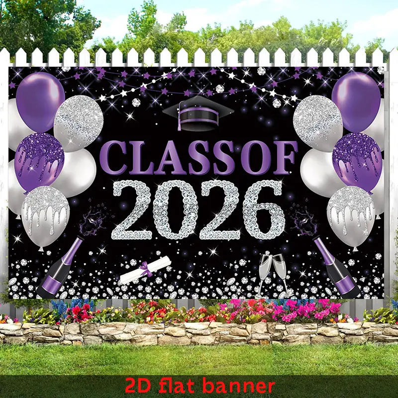 2D Flat Banner, Congrats Grad Banner Purple Silver and Black Class of 2026 Graduation Banner Backdrop Congratulations Graduate Banner for Elementary Perfect Gift for Parents Friends Party Planners Banner, 2D Flat