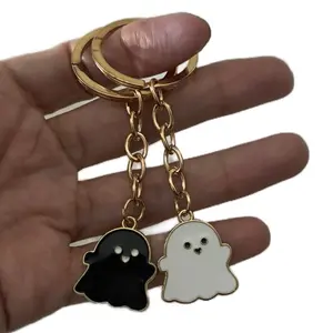 Cute BFF Besties White & Black Ghosts Halloween Spooky Keychain Set with Gold Chains and Adorable Ghost Charts