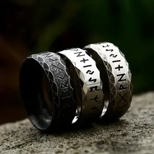 1pcs Vintage Nordic Odin Rune Ring Mens Stainless Steel Ring Engraved Words Fashion Jewelry Suitable for Wedding and Valentine's Day Gift