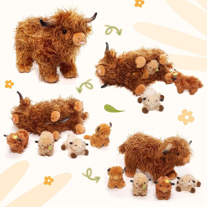 OUOZZZ Highland Cow Plush Toy, 15''Cattle Stuffed Animals with 4 Babies Inside, Toddlers & Kids Gifts, Home Decoration