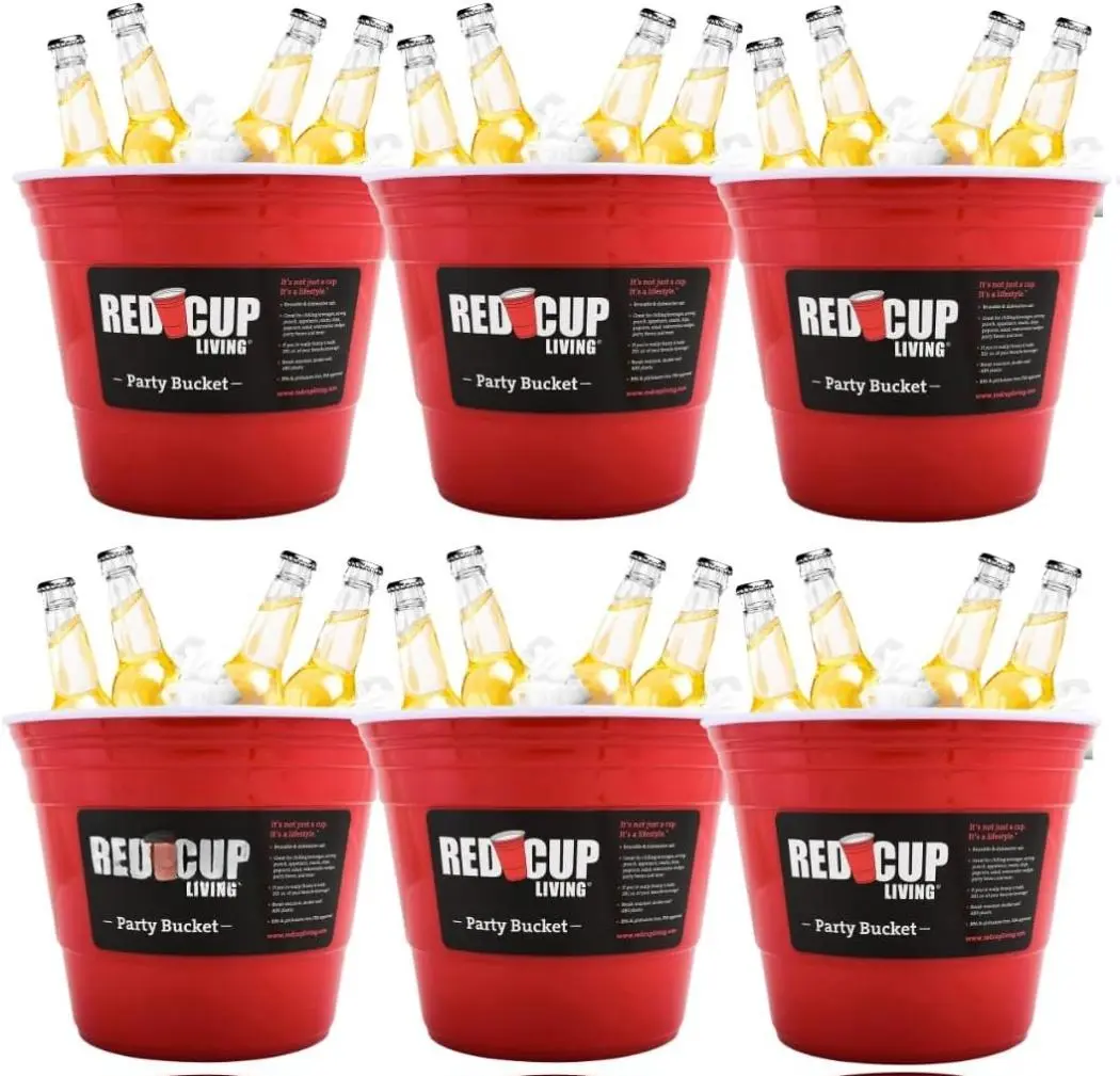 Reusable Red Plastic Ice Bucket for Parties - Large Beverage Tub, Wine Cooler, Beer Bucket, Drink Holder for Indoor/Outdoor Bars, Galvanized Tubs, Party Celebration Unbreakable, 201 Oz (Pack of 6)
