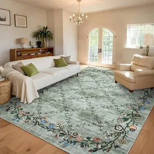 GARVEE 9x12 Washable Floral Area Rugs for Living Room: Modern Floral Non Slip Large Area Rugs for Bedroom, Large Machine Washable Living Room Low Pile Carpet with Non-Slip Backing Green 9'x12'.
