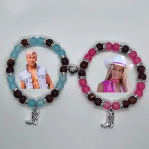 Pink and blue cowboy bracelets for couples bff anniversary gift