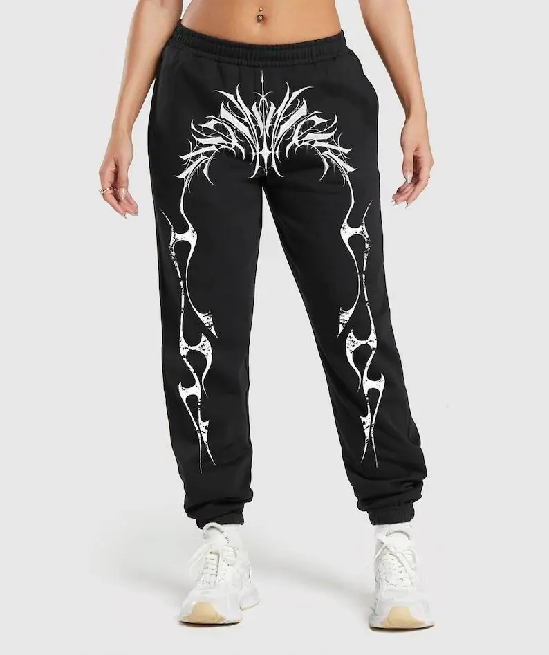 Tribal Flame Unisex Jogger Pants, Gothic Tattoo Graphic Sweatpants, Vintage Flame Print, Retro Punk Y2K Streetwear Bottoms