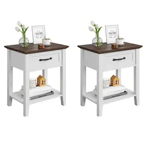 Nightstands Set of 2 - End Table with Drawer & 2 Tiers Storage Shelves - Bedside Table for Living Room, Bedroom, Dorm (2pcs-White)