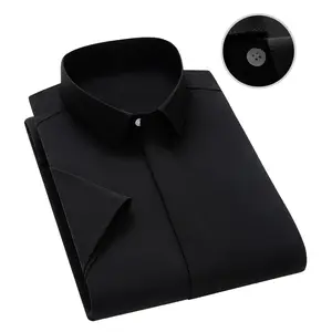 Men’s solid-color short-sleeve shirt with hidden button design, casual shirt for business-casual everyday wear