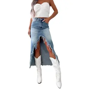 Spring 2025 high-waisted denim skirt featuring irregular fraying and distressed/ripped details, washed finish, fashionable design, comfortable basic wear, blue denim skirt