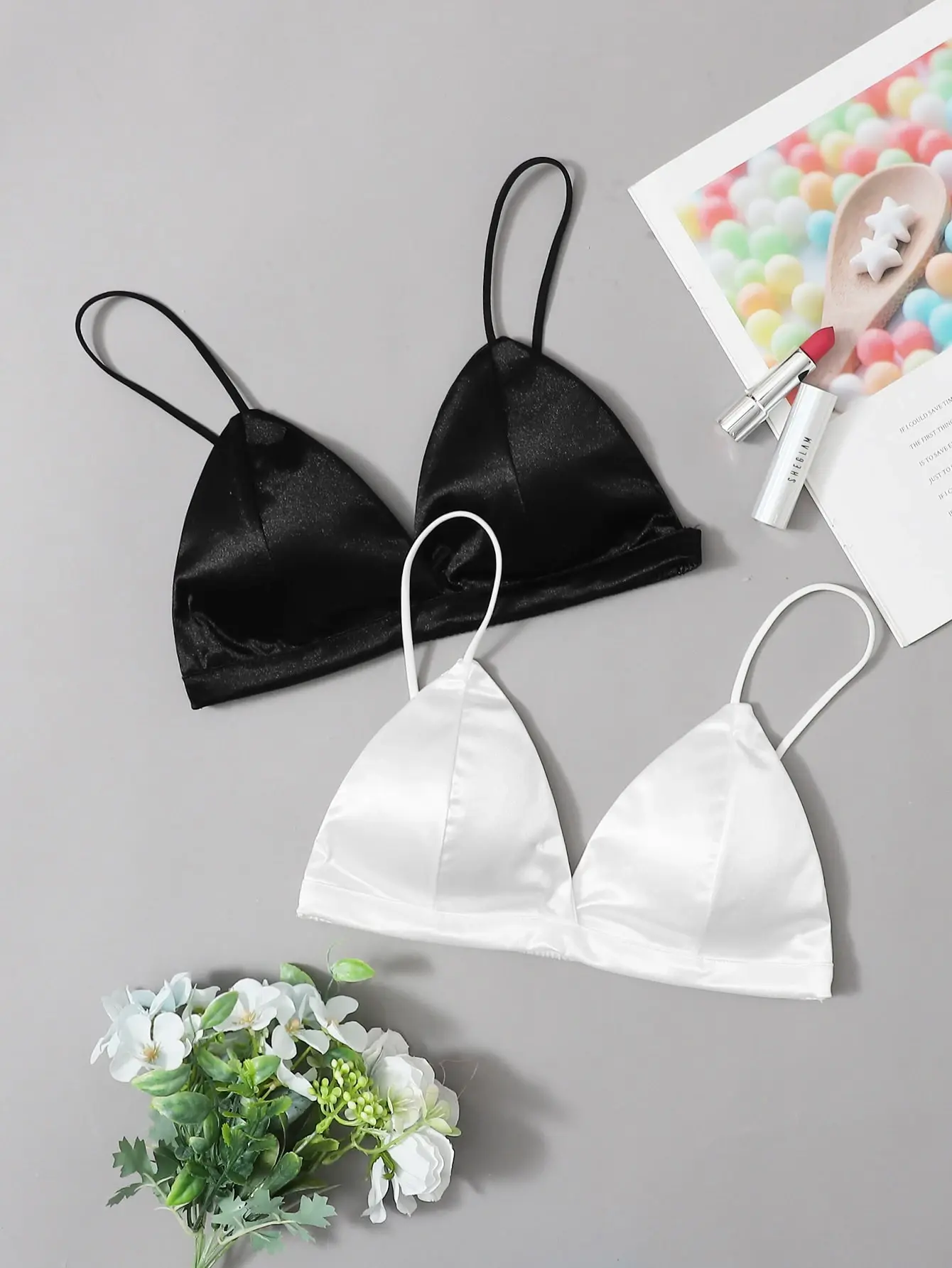 AESS x MISSGUIDED 2 Packs Satin Triangle Bra Set Lingerie Women Sexy Matching Underwear Sleepwear Soft Silky Adjustable Straps Romantic Date Night