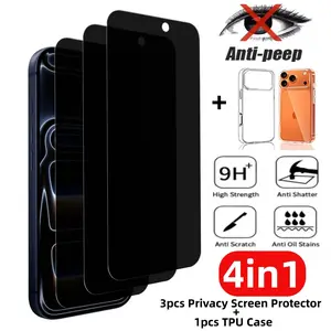 4in1 3pcs Full Coverage Privacy Screen Protector+1pcs Phone Case, Smartphone Accessories For iPhone 17 Air/17/17 Pro/17 Pro Max/16/15/14/13/12/Mini/11/XR/X/XS, HD Clarity, 9H Hardness, Scratch-Resistant, Anti-peeping, Anti-Fingerprint, Easy to Install