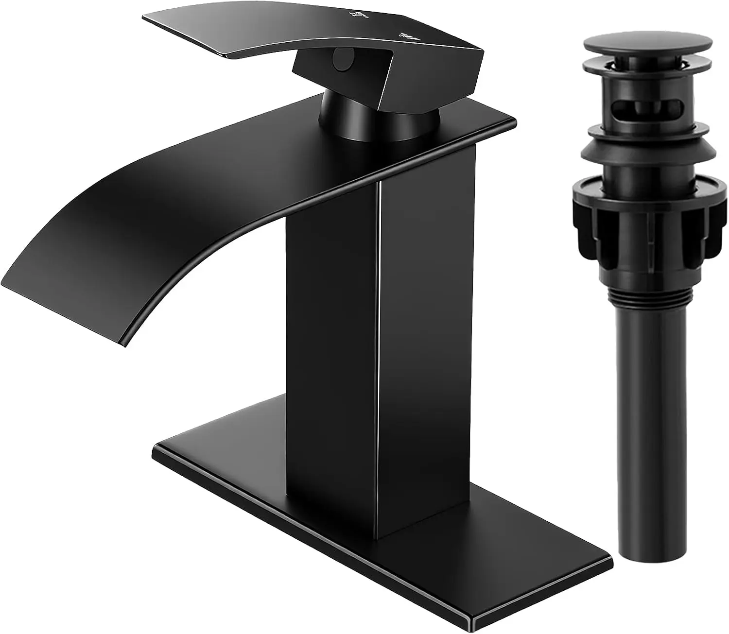 Matte Black Waterfall Bathroom Sink Faucet Modern Single Handle SUS 304 Stainless Steel RV Mixer Tap with Pop-Up Drain & Deck Plate Complete Set