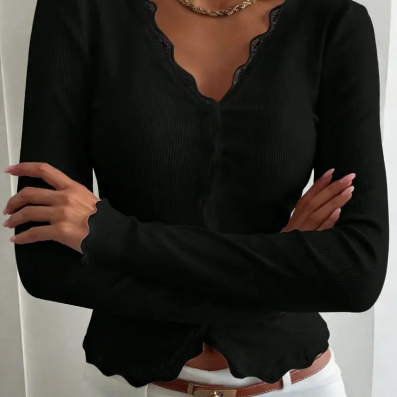 Women's Fashion Casual Lace Trim V-Neck Long Sleeve Knit Front Slim Fit Crop Top Elegant Solid Color Basic Tee Shirt for Daily Wear Streetwear Party Outfits Everyday