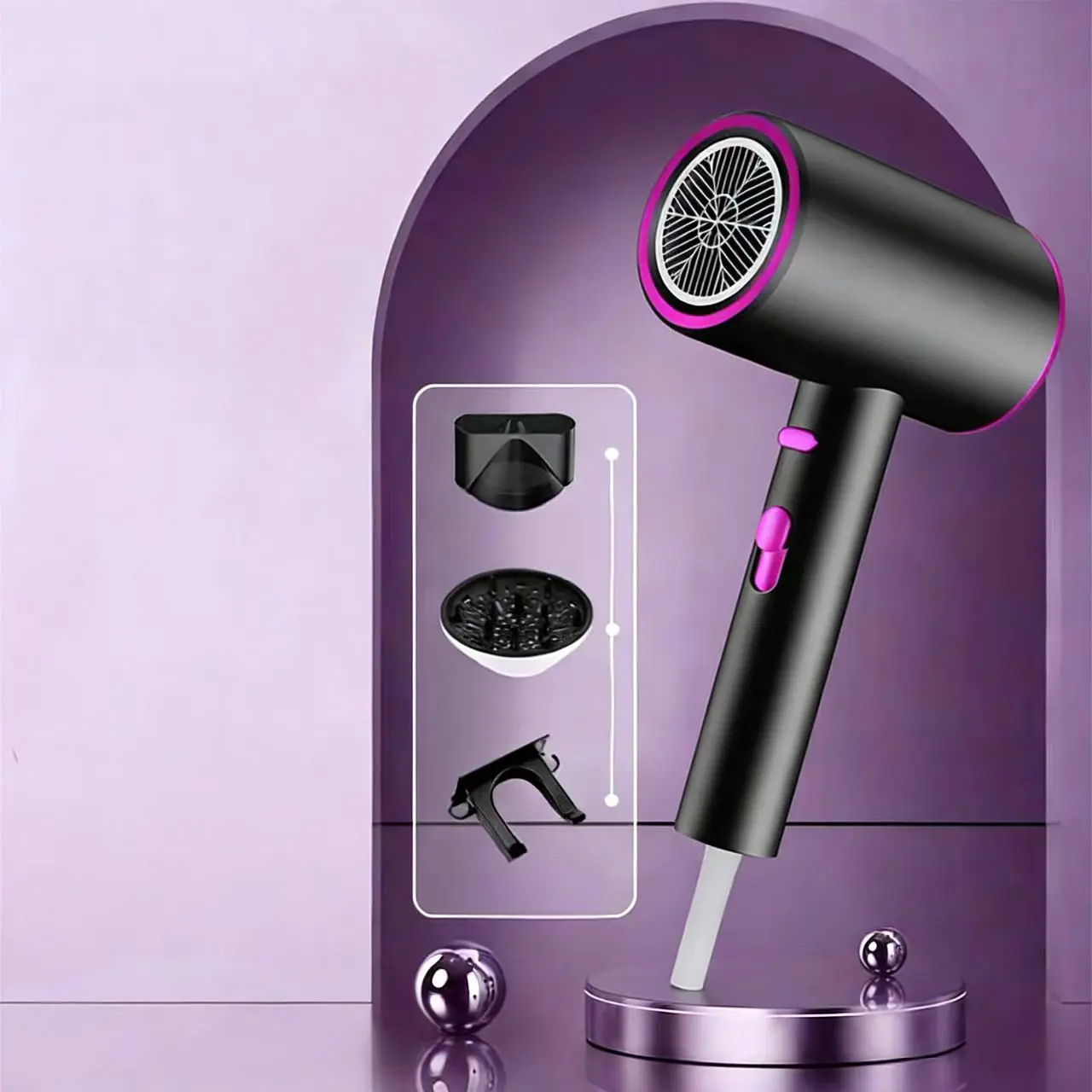 A powerful ion hair dryer set, equipped with a diffuser, featuring high-speed drying, anti-curly control, and smoothing effect. It also has a temperature adjustment mode and a negative ion function that can effectively prevent heat damage.