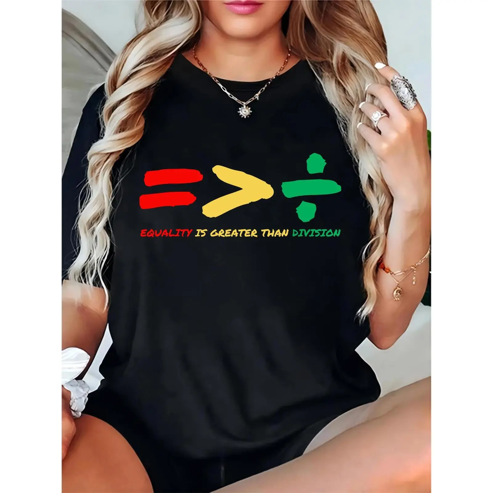 Women's Black Equality Symbols Graphic T-Shirt, Equality Is Greater Than Division Tee, Pride Month Casual Wear for Equality Advocates