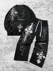 Men's two-piece set: a stylish American streetwear-inspired cross-print pullover sweatshirt and a cross-print gothic-style drawstring casual sweatpants, Gothic Clothes