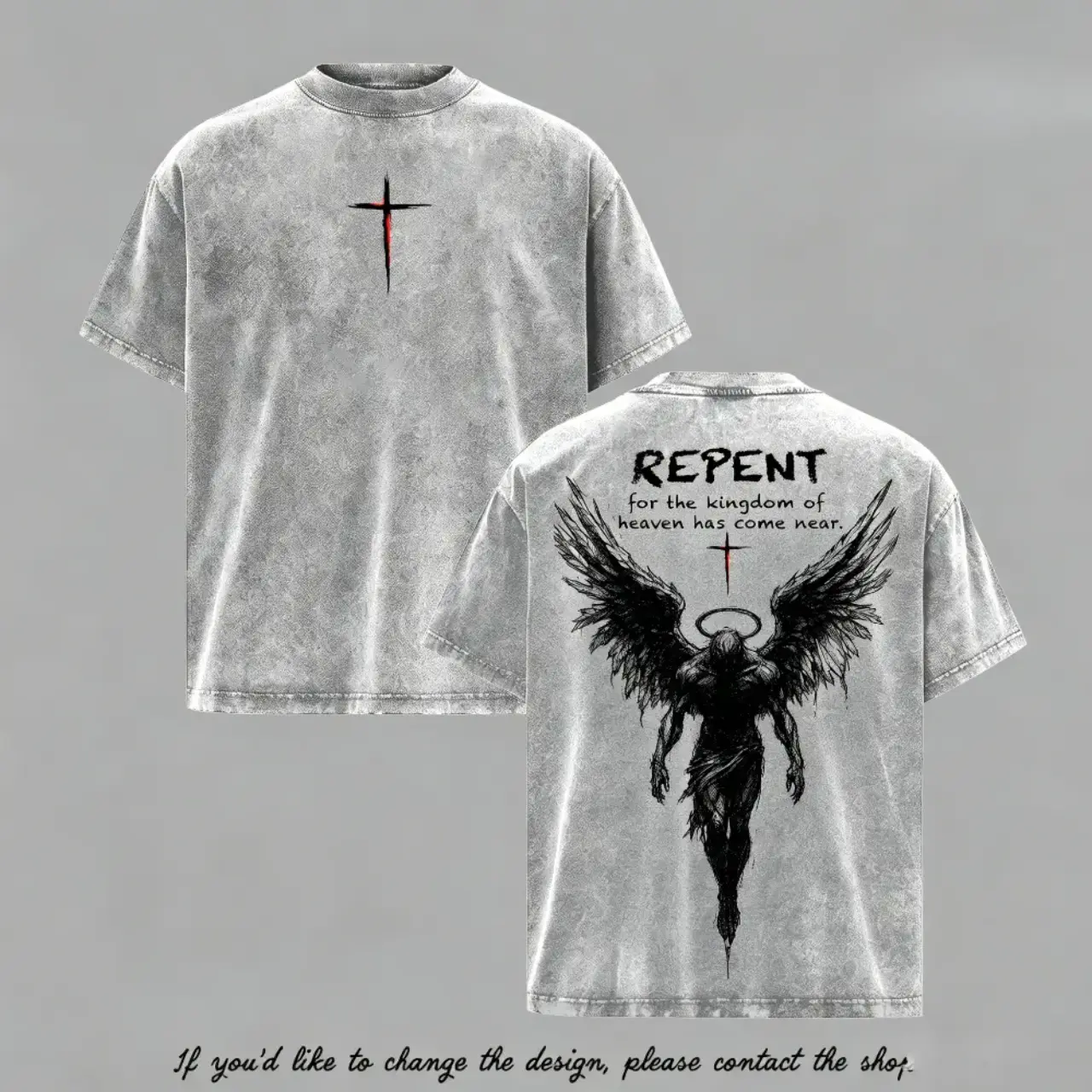 Religious Quote Graphic Men's Short-Sleeve T-Shirts, Rock Angel Graphic Men's Short-Sleeve T-Shirts，Vintage Acid Washed Oversized T-Shirt Double Sided Repent Fallen Angel Cross Graphic Tee Christian Faith Streetwear Shirt For Men