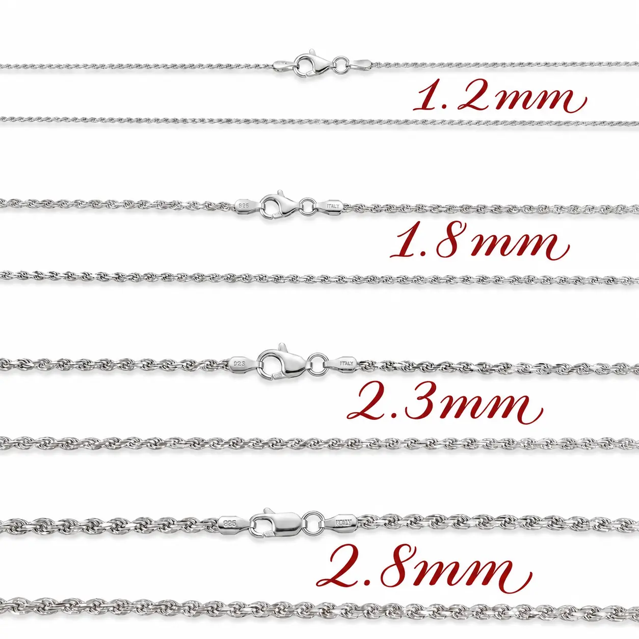 Diamond Cut Rope Chain Rhodium Plated 925 Sterling Silver Italy