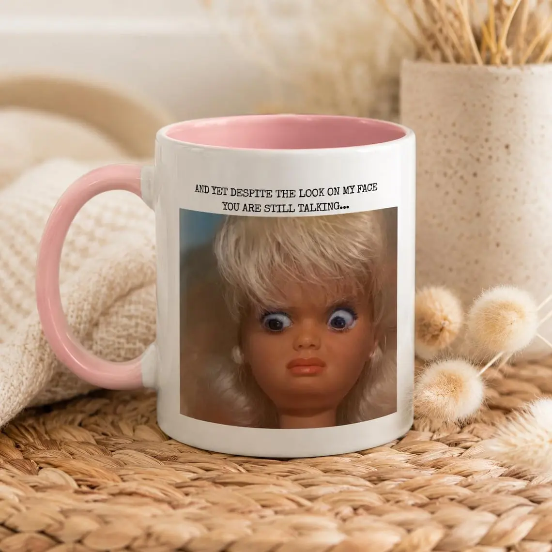 Funny Sarcastic Meme Doll Mug, Despite The Look On My Face Coffee Cup, Introvert Coworker Gag Gift, Office Humor Present For Colleague