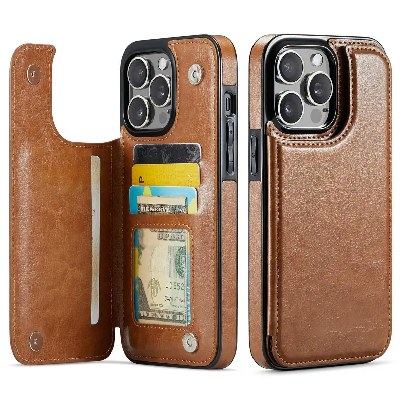 Leather Wallet Casing for iPhone (17 Pro Max,16 Pro Max,16 Pro,15 Plus,14,13,12) - Smartphone & Cellphone Accessories with Card Slots, Kickstand, Double Magnetic Clasp, Shockproof Protection, Screen Protector