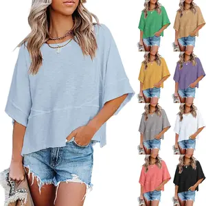 Goranbon Women's Summer Casual Crewneck 3/4 Sleeve T Shirts Solid Color Loose Fit Cute Basic Tops Tees Blouses