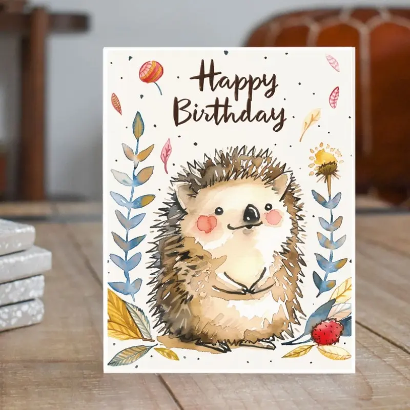 1PC Happy Birthday Hedgehog Card, Cute Animal Celebration, Watercolor Hedgehog, Party Invite, Whimsical Nature Theme, Unique Handmade Stationary