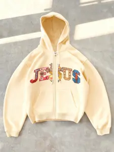Men's 'JESUS' Zip-Up Hoodie | Oversized Fit, Ornate Religious Lettering Print | Trendy Streetwear Essential | Perfect for Urban Style & Faith-Inspired Fashion Enthusiasts | Fleece-Lined, Vintage Sacred Aesthetic