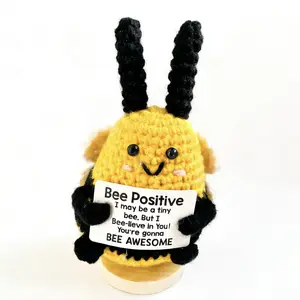 Bee Positive Handmade Crochet Bee Gift Set with Wooden Base & Encouraging Card Best Birthday, Valentine’s Day & Mother's Day Gift for Her/Him Cute Knitted Bee Desk Decor Funny Inspirational Anniversary & Christmas Party Gifts