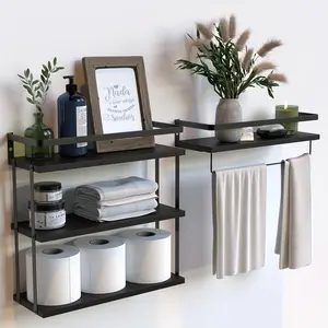 3+1 layer wall installed on 2 floating shelves, rural wooden wall shelves with metal frames, additional storage shelves for bathroom, kitchen, bedroom with towel rack and towel bar - black