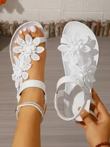 Women's Elegant Floral Sandals, Summer Fairy Tale Style, Toe Thong Design, Textile Upper, Anti-Slip Rubber Sole, Medium Width