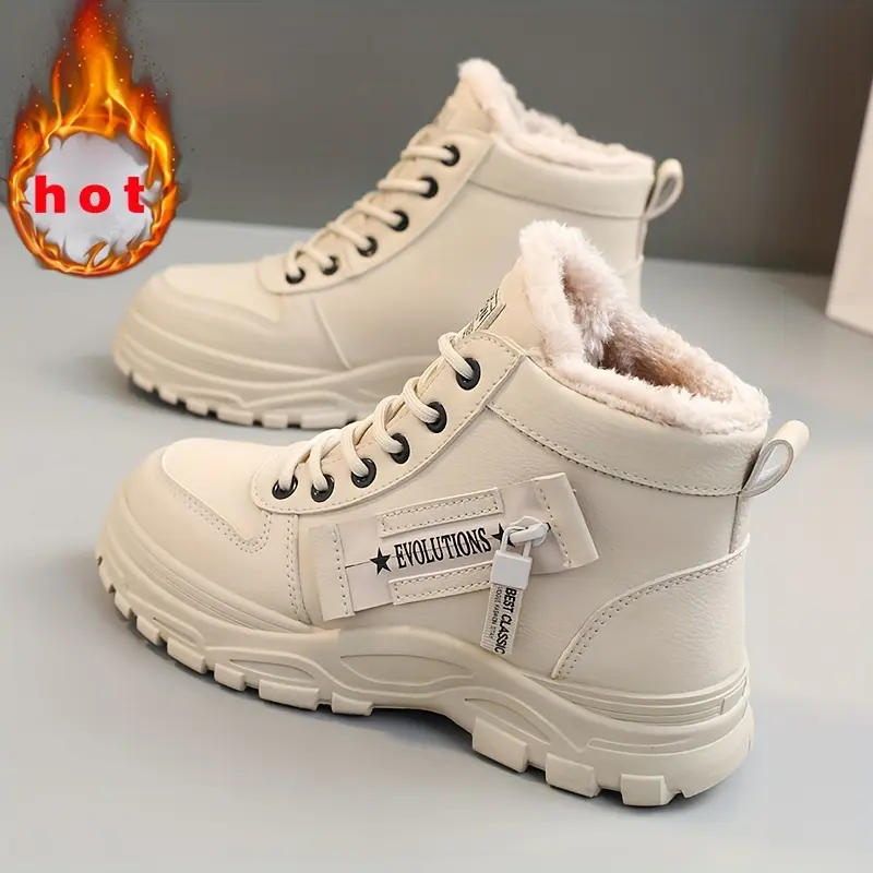 Women's Winter Fleece-Lined High-Top Sneakers -Waterproof, Thermal Insulated, Cream Color, Lace-Up Casual Shoes with Side Zipper , Girl Closed Autumn