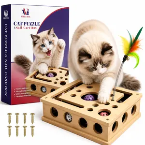 Virecsoz Cat Toys for Indoor Cats - Interactive Box Puzzle Toy Nail File Scratcher Hunting Play Toy with 3 Jingle Balls & 1 Feather Wand, Wooden Puzzle Treat Toy Box Energize Cat Instincts for Bored Cats