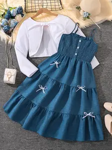 Girls' 2-Piece Set Round Neck Bow Design Short Long Sleeve Jacket & Floral Printed Dress, Elegant Sweet Cute Style