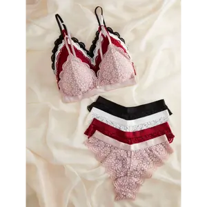 4 Sets Romantic Floral Lace Bra & Panties Set - Triangle Cups, Scallop Trim, Comfortable, Soft, Breathable, Women's Lingerie Underwear for Everyday Wear