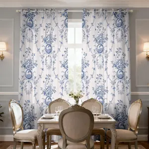 2 pieces of fresh French style blue and white on a white background, blue flowers and vine frame printing filter translucent curtains, suitable for machine washable decorative curtains in living rooms, bedrooms, kitchens, etc.