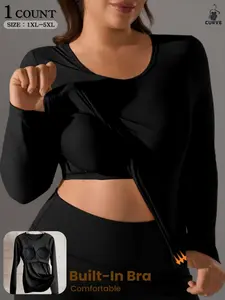 PLUS SIZE Women's  Slim-Fitting Long Sleeve Padded Bra Top,Round Neck, Elastic Sporty Fashion,Yoga Tank Top,Suitable for Gym and Casual Wear,Women's Sports T-shirt,All Seasons,Gym Yoga Tops