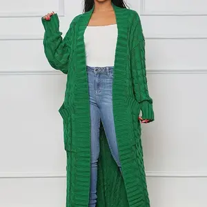 Fashion Women's Clothing Long Length Cable Knit Cardigan - Elegant Solid Long Sleeve Sweater With Pockets - Women's Clothing - Fall/Winter - Suitable Casual  Formal Occasions - Women
